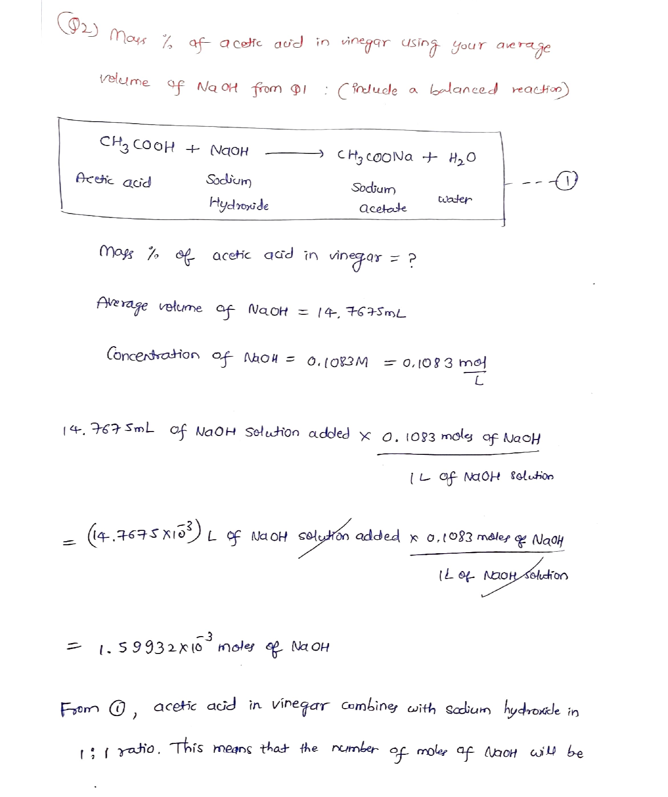 Solved Question 2Mass percentage of acetic acid in vinegar using your