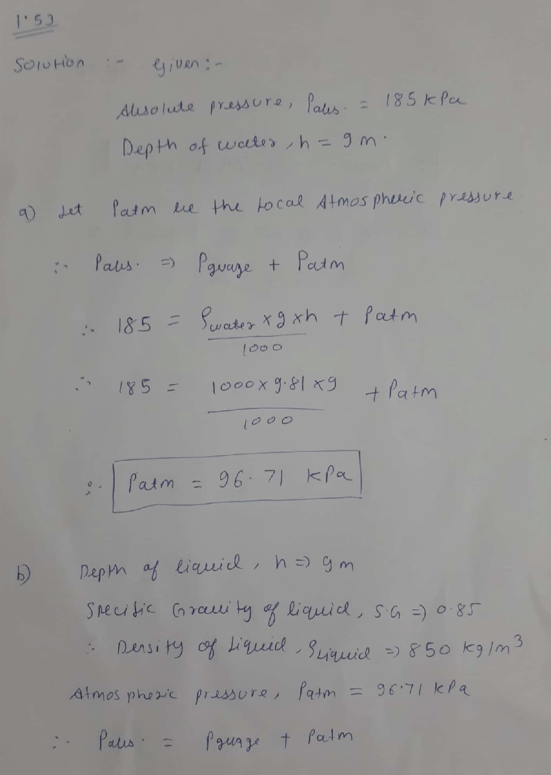 Solved 153 The absolute pressure in water at a depth of 9 m is read
